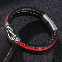Microfiber PU Bracelet, with Stainless Steel, stainless steel magnetic clasp, silver color plated, patchwork & three layers & braided bracelet & Unisex, black and red 