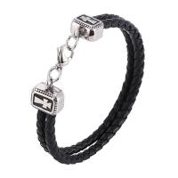 Leather Bracelet, stainless steel lobster clasp, silver color plated, Double Layer & braided bracelet & Unisex, black, 4mm 