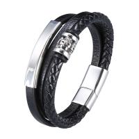 Leather Bracelet, stainless steel magnetic clasp, silver color plated, patchwork & three layers & braided bracelet & Unisex, black 