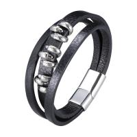 Leather Bracelet, stainless steel magnetic clasp, silver color plated, three layers & Unisex, black 