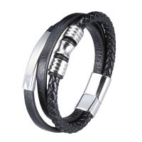 Leather Bracelet, with Stainless Steel, stainless steel magnetic clasp, silver color plated, patchwork & three layers & braided bracelet & Unisex, black 