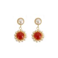 Agate Drop Earring, Brass, with Red Agate & Plastic Pearl, gold color plated, for woman, reddish orange 