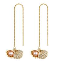 Brass Thread Through Earrings, with Freshwater Pearl, Shell, gold color plated, micro pave cubic zirconia & for woman 