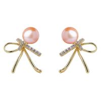 Freshwater Pearl Brass Earring, with Freshwater Pearl, Bowknot, gold color plated, micro pave cubic zirconia & for woman 