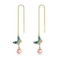 Brass Thread Through Earrings, with Freshwater Pearl, Butterfly, gold color plated, micro pave cubic zirconia & for woman 