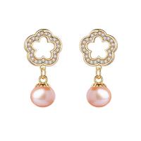 Freshwater Pearl Brass Earring, with Freshwater Pearl, gold color plated, micro pave cubic zirconia & for woman & hollow 