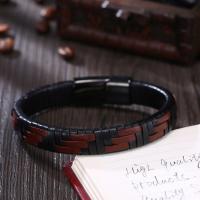 PU Leather Bracelet, titanium steel magnetic clasp, gun black plated, woven pattern & for man, brown 