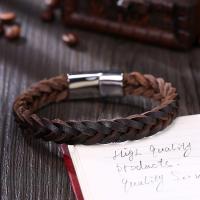 Leather Bracelet, titanium steel magnetic clasp, silver color plated, braided bracelet & for man, brown 
