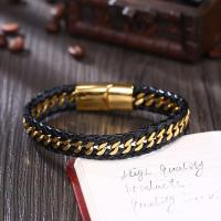 Titanium Steel Bracelet, with Leather, titanium steel magnetic clasp, gold color plated, braided bracelet & for man, black 