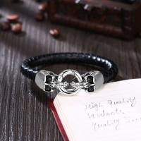 Leather Bracelet, titanium steel clasp, Skull, silver color plated, braided bracelet & for man, black 