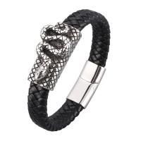 Cowhide Bracelets, Leather, with Stainless Steel, silver color plated, vintage design & braided bracelet & Unisex black 