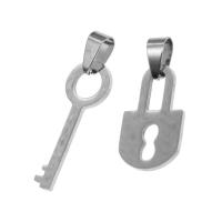 colgantes de acero inoxidable de pareja, Cerradura y llave, color original, 24x15x1mm, Vendido por UD