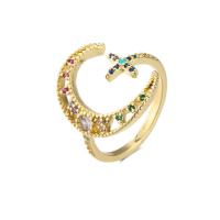 Brass Cuff Finger Ring, Moon and Star, gold color plated, Adjustable & micro pave cubic zirconia & for woman 20mm 