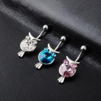 Stainless Steel Belly Ring, 316 Stainless Steel, Owl, silver color plated, for woman & with rhinestone 