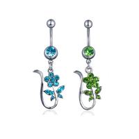 Zinc Alloy Belly Ring, with Czech Rhinestone, Flower, platinum color plated, for woman 