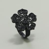 Rhinestone Zinc Alloy Finger Ring, Flower, plated, fashion jewelry & for woman & with rhinestone, black 