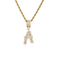 Brass Sweater Chain Necklace, Alphabet Letter, 18K gold plated, French Rope Chain & micro pave cubic zirconia & for woman Approx 23.62 Inch 