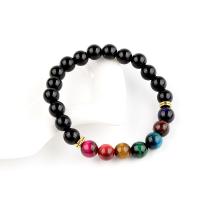 Gemstone Bracelets, Natural Stone, with Tiger Eye & Black Agate & Zinc Alloy, polished, Unisex & anti-fatigue, mixed colors, 8mm cm 