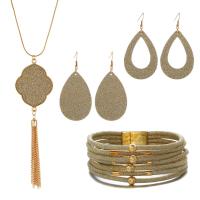 Fashion Leather Jewelry Sets, PU Leather, wrist wreath & earring & necklace, gold color plated, multilayer & for woman 44cm,22cm,7.5*4.2cm 