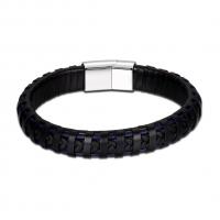 Leather Bracelet, titanium steel magnetic clasp, silver color plated, braided bracelet & for man, black 