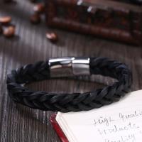 Leather Bracelet, stainless steel magnetic clasp, plated, braided bracelet & for man, black 