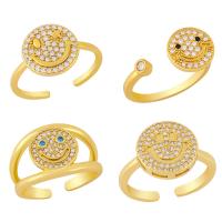 Brass Cuff Finger Ring, Smiling Face, Adjustable & micro pave cubic zirconia & for woman, golden 