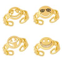 Brass Cuff Finger Ring, Smiling Face, Adjustable & micro pave cubic zirconia & for woman, golden 