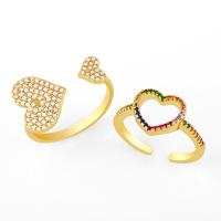 Brass Cuff Finger Ring, Heart, Adjustable & micro pave cubic zirconia & for woman 