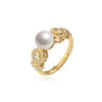 Cubic Zirconia Micro Pave Brass Finger Ring, with Plastic Pearl, 18K gold plated, Adjustable & micro pave cubic zirconia, 7mm 