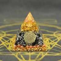 Resin Pyramid Decoration, with Obsidian & Gold Foil & brass wire, epoxy gel, 60mm 