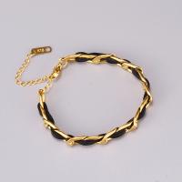 Stainless Steel Chain Bracelets, 316L Stainless Steel, with leather cord, with 6cm extender chain, Geometrical Pattern, gold color plated, for woman, golden, 7mm Approx 15 cm 