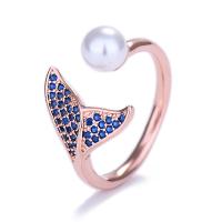 Brass Cuff Finger Ring, with Cubic Zirconia & Plastic Pearl, Mermaid tail, plated, for woman 