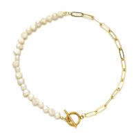 Fashion Choker Necklace, Brass, with Freshwater Pearl, 14K gold plated, rolo chain & for woman, gold, 380mm 