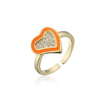 Brass Cuff Finger Ring, Heart, 18K gold plated, Adjustable & micro pave cubic zirconia & for woman & enamel 
