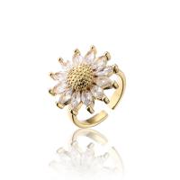 Brass Cuff Finger Ring, Sunflower, 18K gold plated, Adjustable & micro pave cubic zirconia & for woman, 21mm 