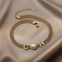Fashion Choker Necklace, Titanium Steel, with Plastic Pearl, with 5cm extender chain, Alphabet Letter, gold color plated & for woman, golden Approx 43 cm 