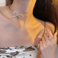Fashion Choker Necklace, Zinc Alloy, with Plastic Pearl, Bowknot, gold color plated, for woman, golden Approx 37.6 cm 