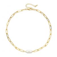 Freshwater Pearl Brass Necklace, with Freshwater Pearl, 14K gold plated, oval chain & for woman, golden 