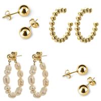 Brass Earring Set, Stud Earring & earring, with Freshwater Pearl, 14K gold plated, 4 pieces & for woman, golden 4mm 