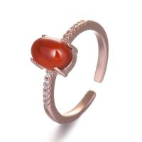 Brass Cuff Finger Ring, with Cubic Zirconia & Red Agate, plated, for woman 17mm 