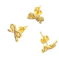 Brass Stud Earring, Bowknot, micro pave cubic zirconia & for woman, golden 