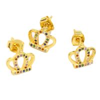 Brass Stud Earring, Crown, micro pave cubic zirconia & for woman, golden 