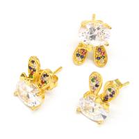 Brass Stud Earring, Rabbit, micro pave cubic zirconia & for woman, golden 