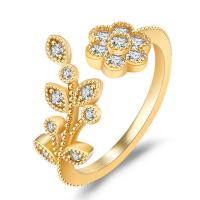 Brass Cuff Finger Ring, with Cubic Zirconia, Flower, plated, for woman 