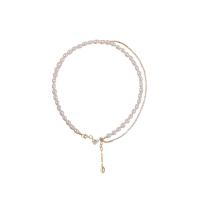Collier de perles en plastique, alliage de zinc, avec zircon cubique & perle de plastique, avec 5.5cm chaînes de rallonge, Placage de couleur d'or, pour femme, blanc, 9mm Environ 36 cm, Vendu par PC