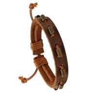 Cowhide Bracelets, with Wax Cord & Zinc Alloy, Adjustable & Unisex, coffee color, 1.2cm,17-18cm 
