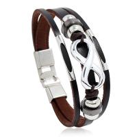 Cowhide Bracelets, with Wax Cord & Copper Coated Plastic & Zinc Alloy, Unisex 