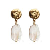 Freshwater Pearl Brass Earring, with Freshwater Pearl, 925 thailand sterling silver post pin, 18K gold plated, for woman, mixed colors 