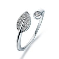 Brass Cuff Finger Ring, Leaf, Adjustable & Unisex & micro pave cubic zirconia, silver color, 16mm 