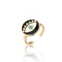 Brass Cuff Finger Ring, with enamel, 18K gold plated, evil eye pattern & micro pave cubic zirconia & for woman 16mm 